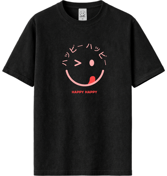 Black t-shirt with a light pink wink smiley face graphic and 'Happy Happy' text